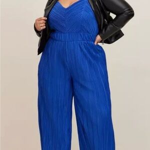 Torrid Women Sz 0 Large Blue Chiffon Pleated Jumpsuit Palazzo Wide Leg Event New